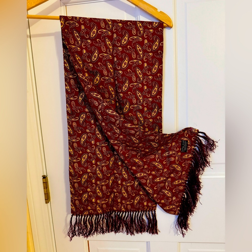 Paisley Patterned Scarf with Fringe rich colors maroon and gold.  Elegant